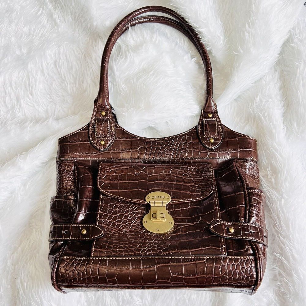 CHAPS Brown Faux Leather Croc Tote Shoulder Bag Business Casual Satchel Gold